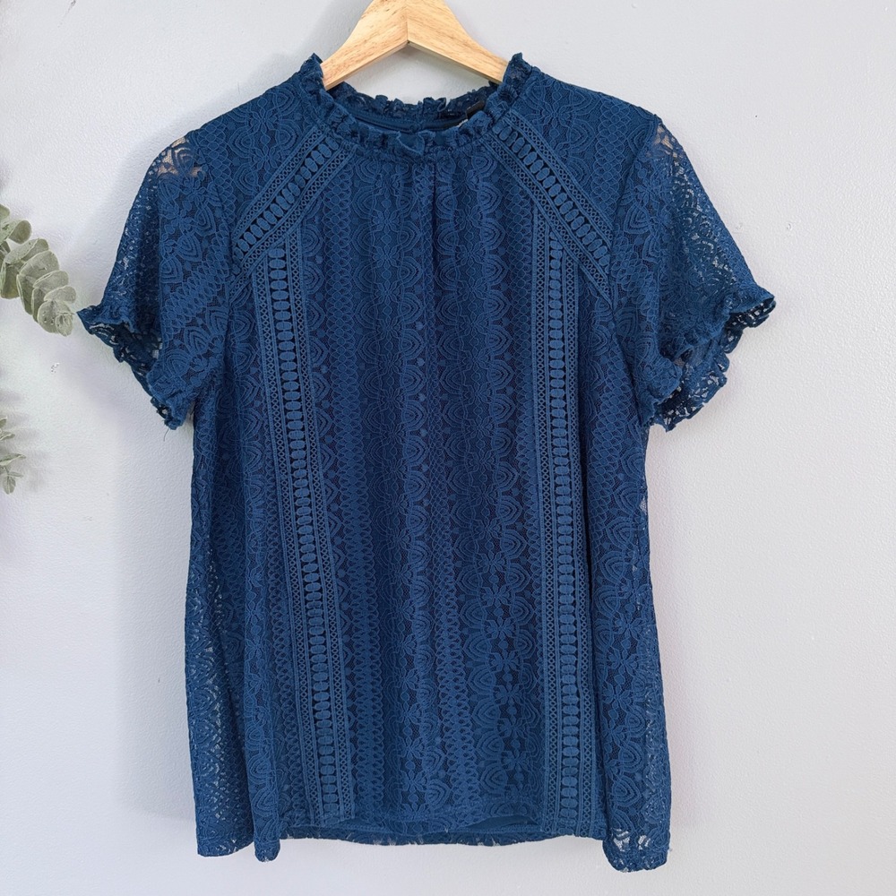 Cable Gauge Blouse Blue Lace Ruffle Victorian Romantic Mock Neck Short Sleeve